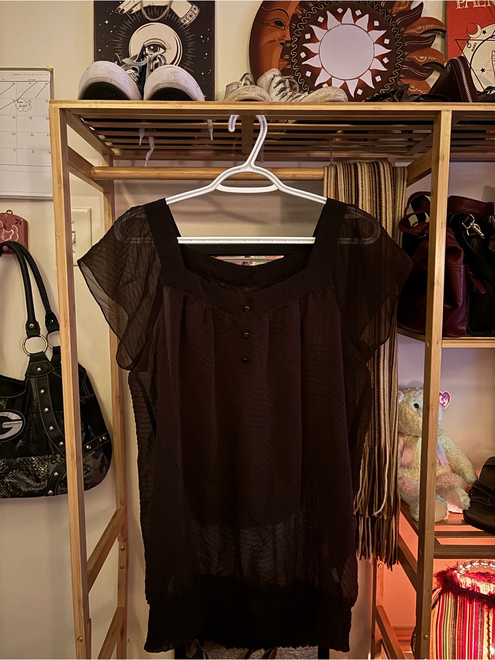 Unknown Brand Vintage Brown Sheer Short-Sleeve Babydoll Blouse.